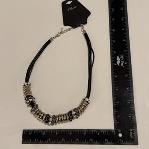 Mocha Black Cord Necklace Silver Tone Bead Crystal Statement Necklace‎ Womens